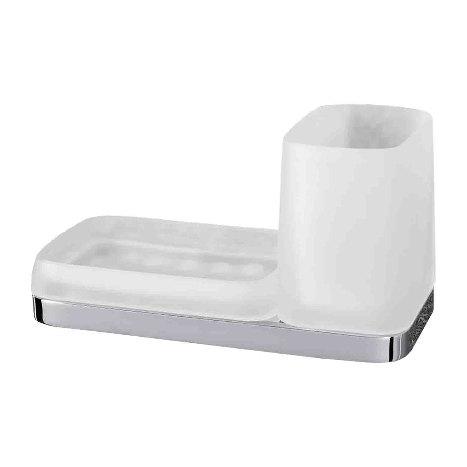 Porta bicchiere e porta sapone in ottone e vetro acidato collezione Time di Colombo Design