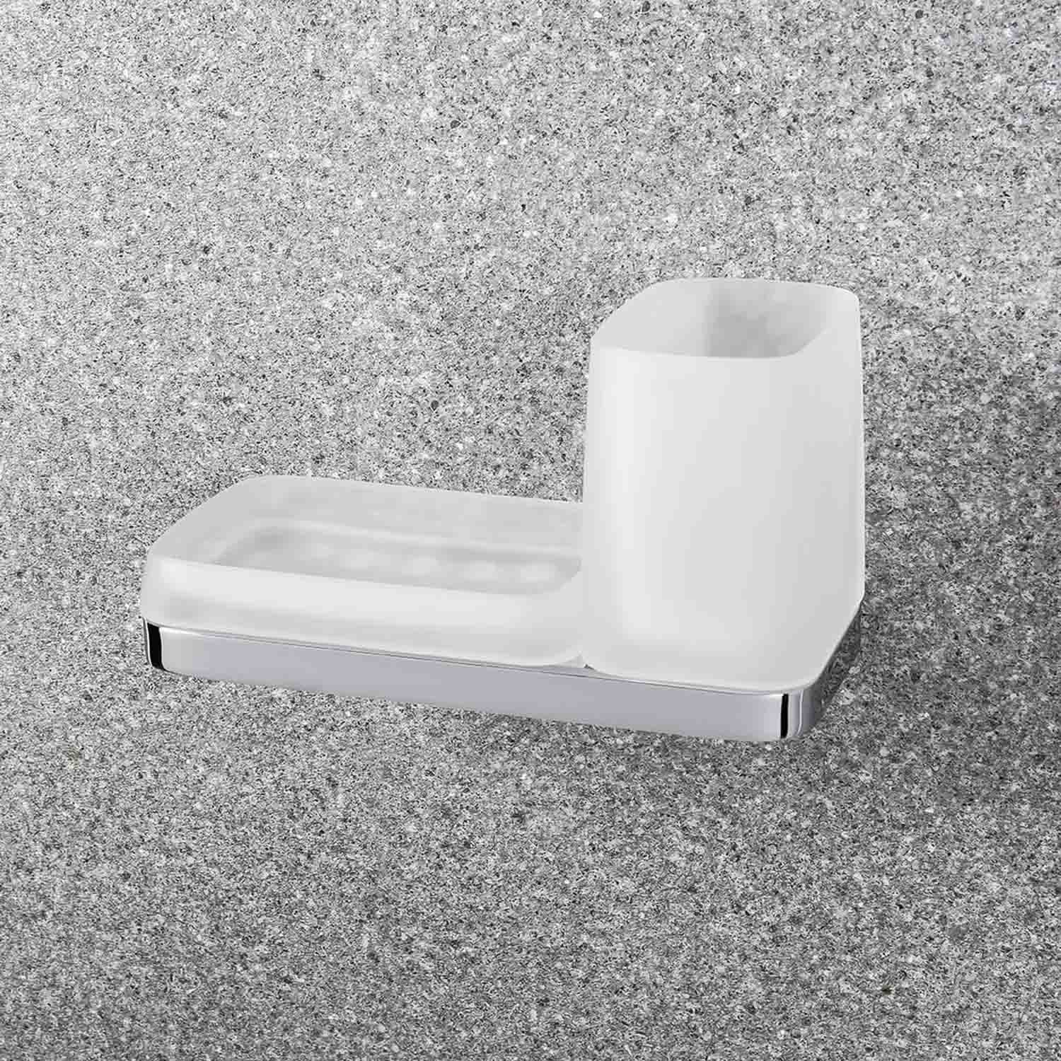 Porta bicchiere e porta sapone in ottone e vetro acidato collezione Time di Colombo Design