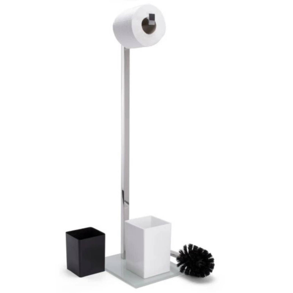 Piantana da bagno con porta rotolo e porta scopino in acciaio inox di colore bianco