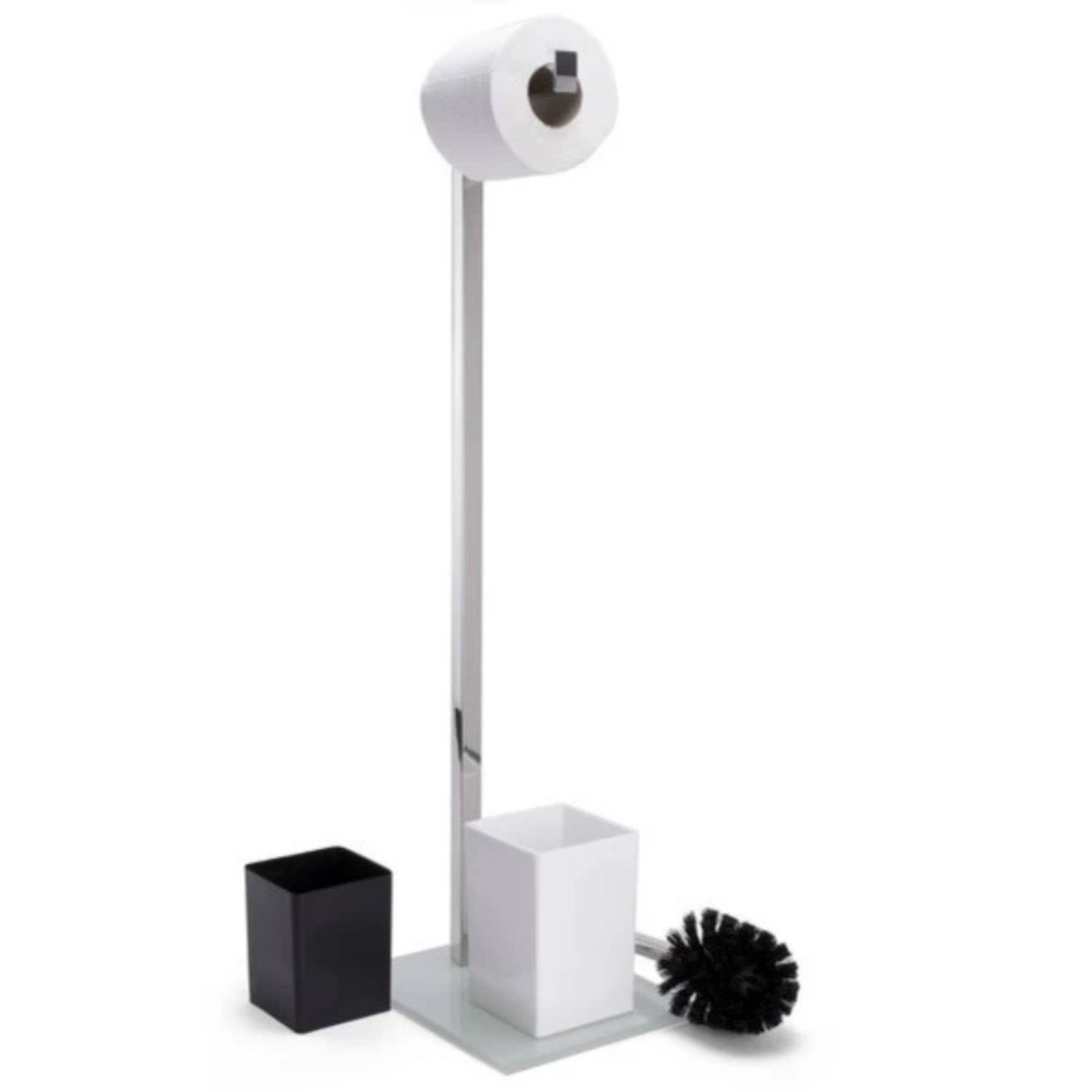 Piantana da bagno con porta rotolo e porta scopino in acciaio inox di colore bianco