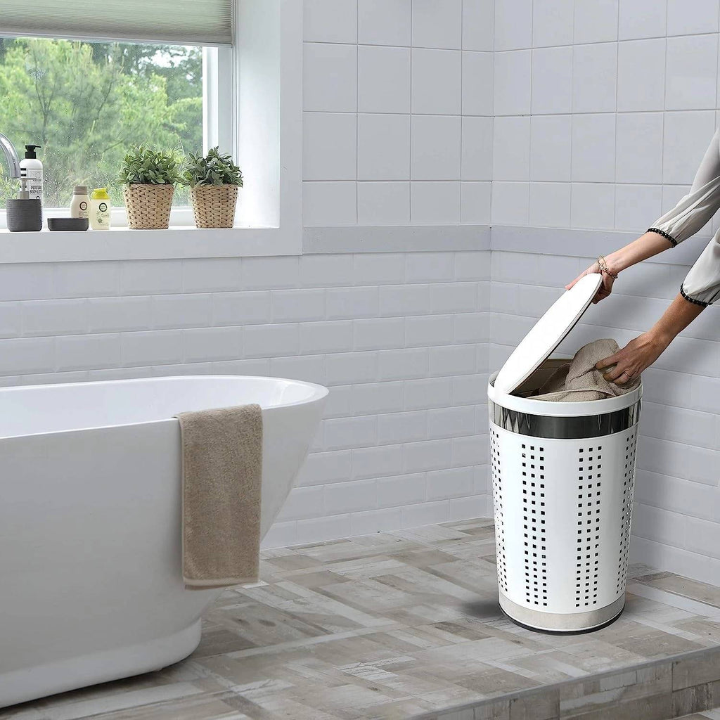 Cesto portabiancheria da 46 litri in acciaio inox colore bianco