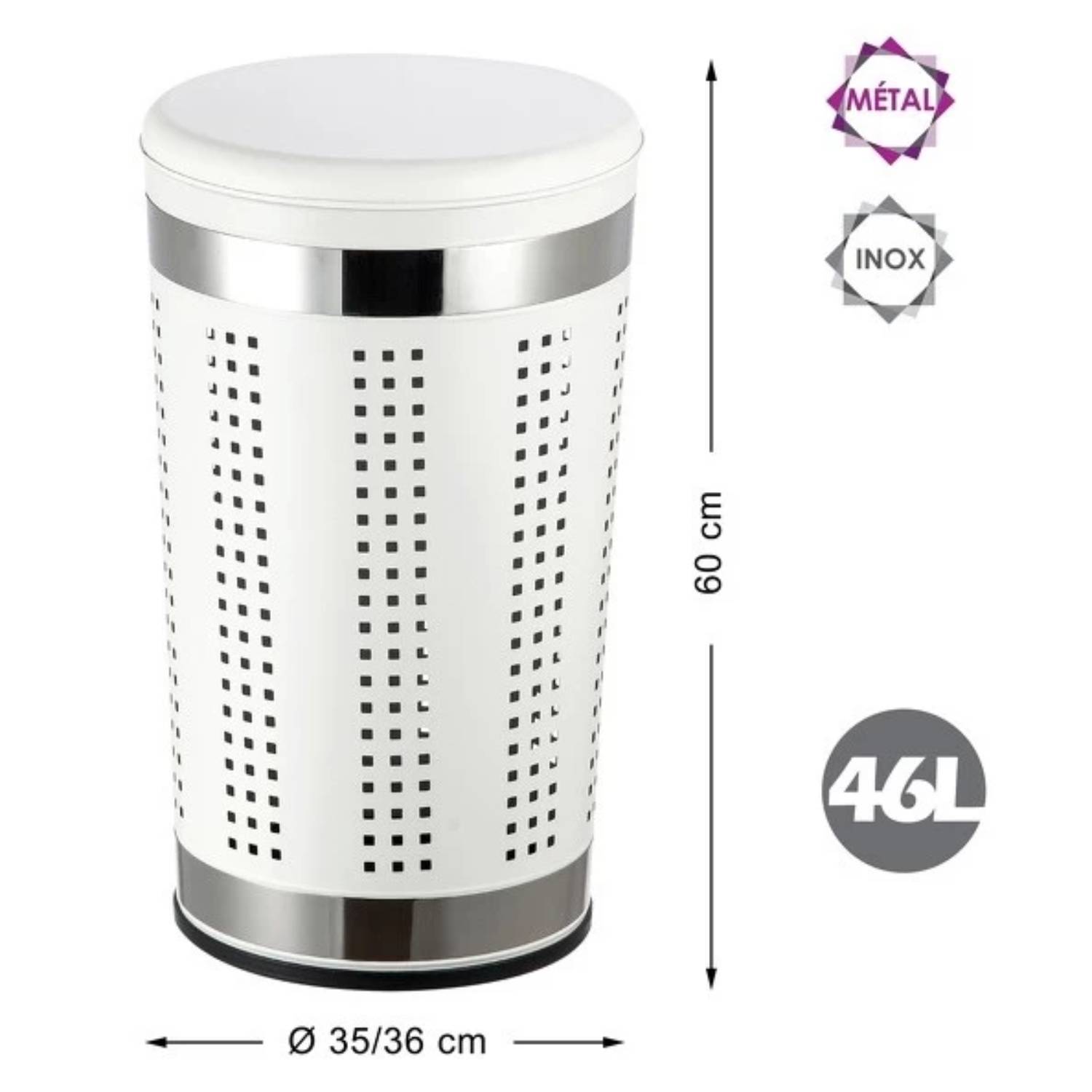 Cesto portabiancheria da 46 litri in acciaio inox colore bianco