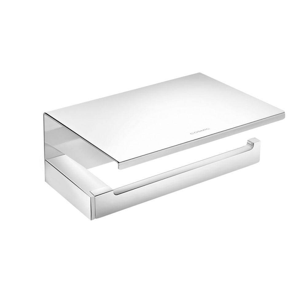 Porta rotolo a muro in ottone cromato con supporto porta oggetti della collezione 'Bath Life' by Cosmic