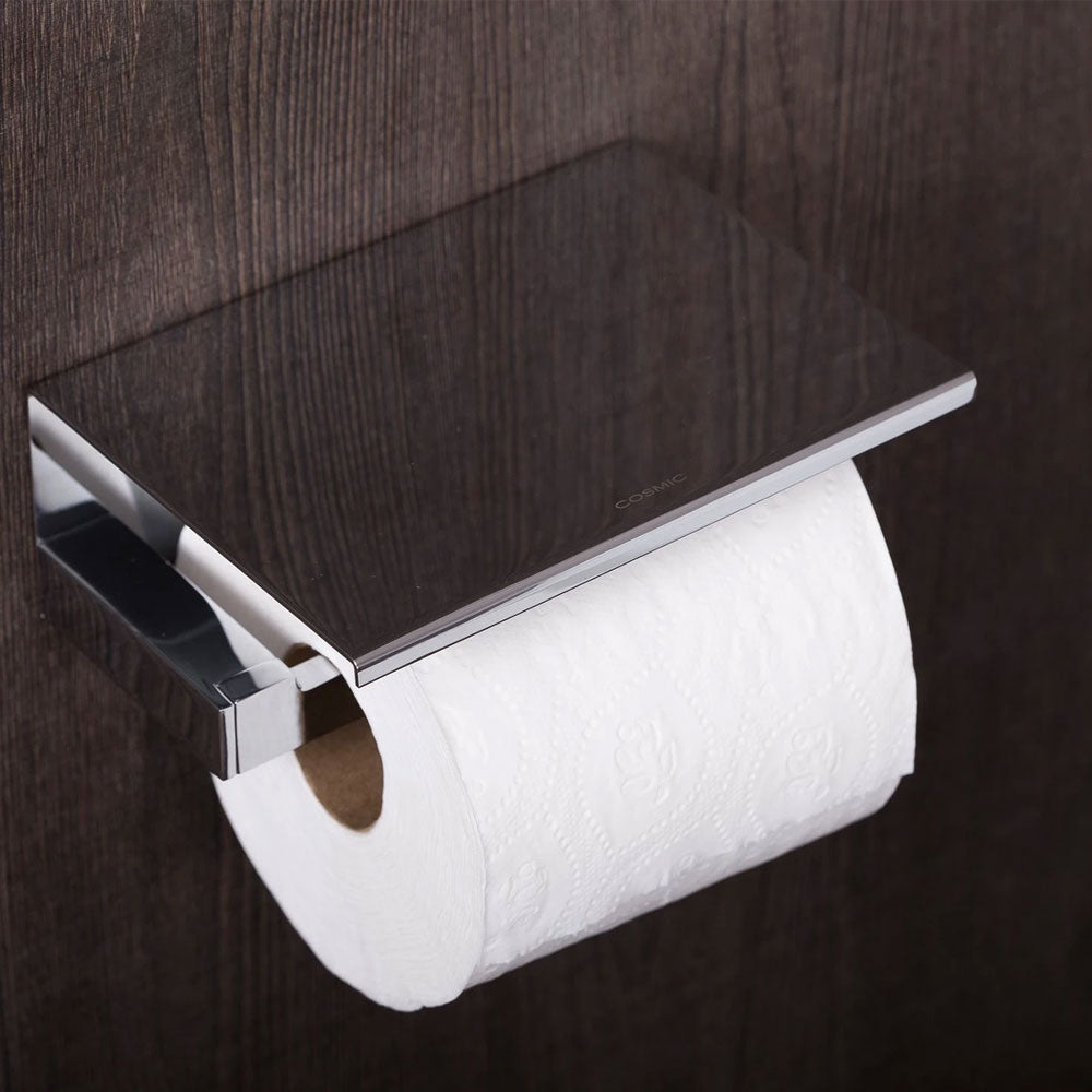 Porta rotolo a muro in ottone cromato con supporto porta oggetti della collezione 'Bath Life' by Cosmic