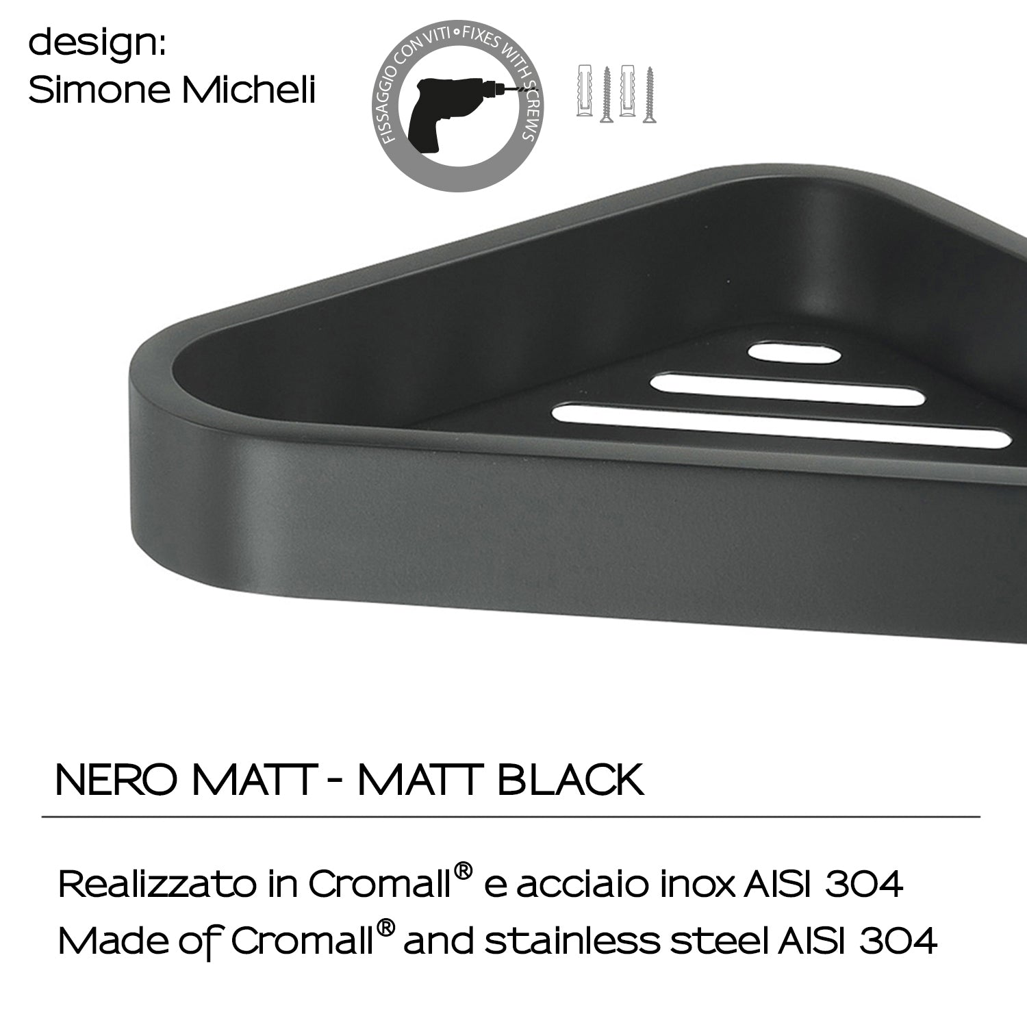 Portaoggetti angolare doccia in Acciaio Inox AISI 304 e Cromall Outline di Gedy - Nero Matt