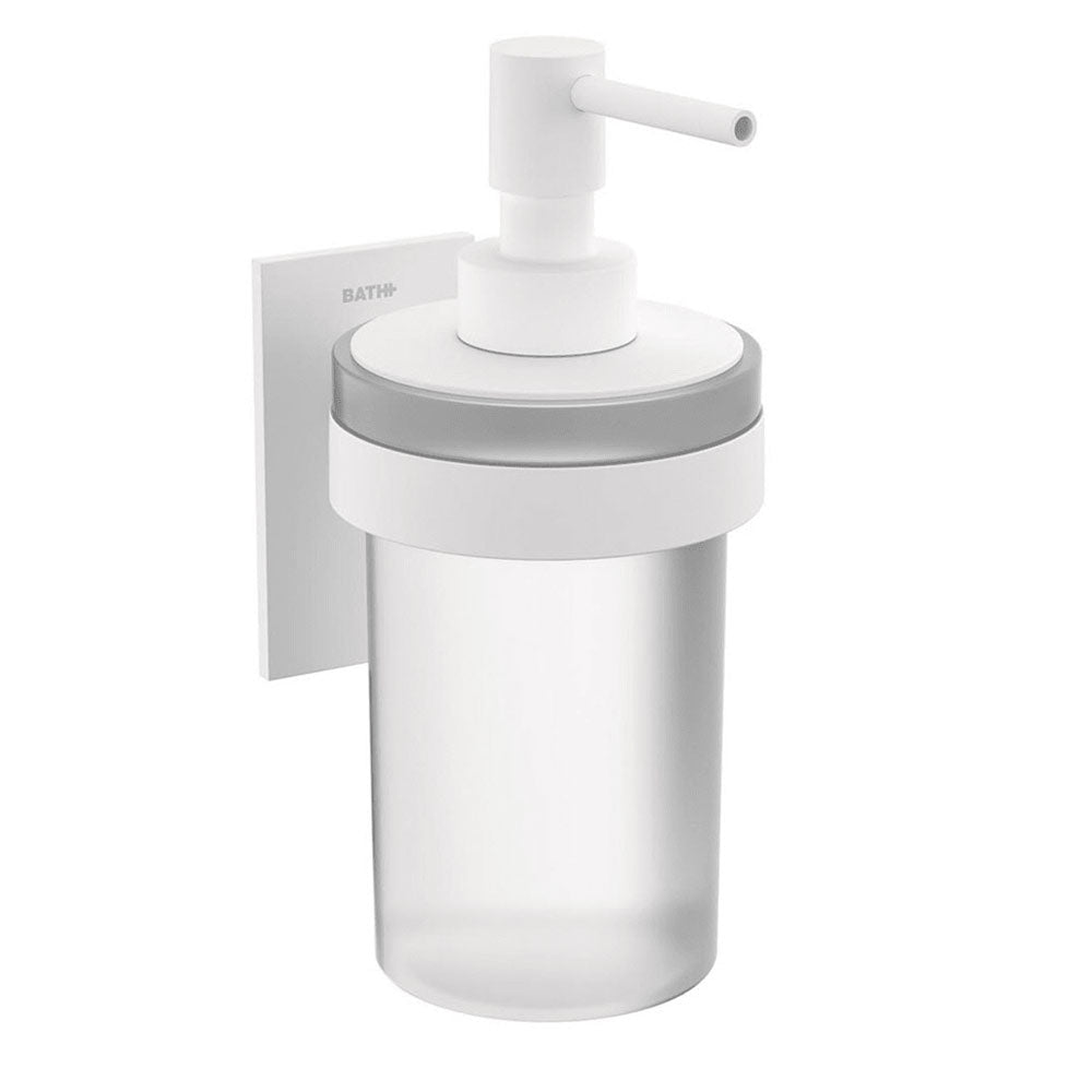 Dispenser sapone da incollo in vetro satinato della collezione 'Stick' by Cosmic - supporto in ottone verniciato bianco