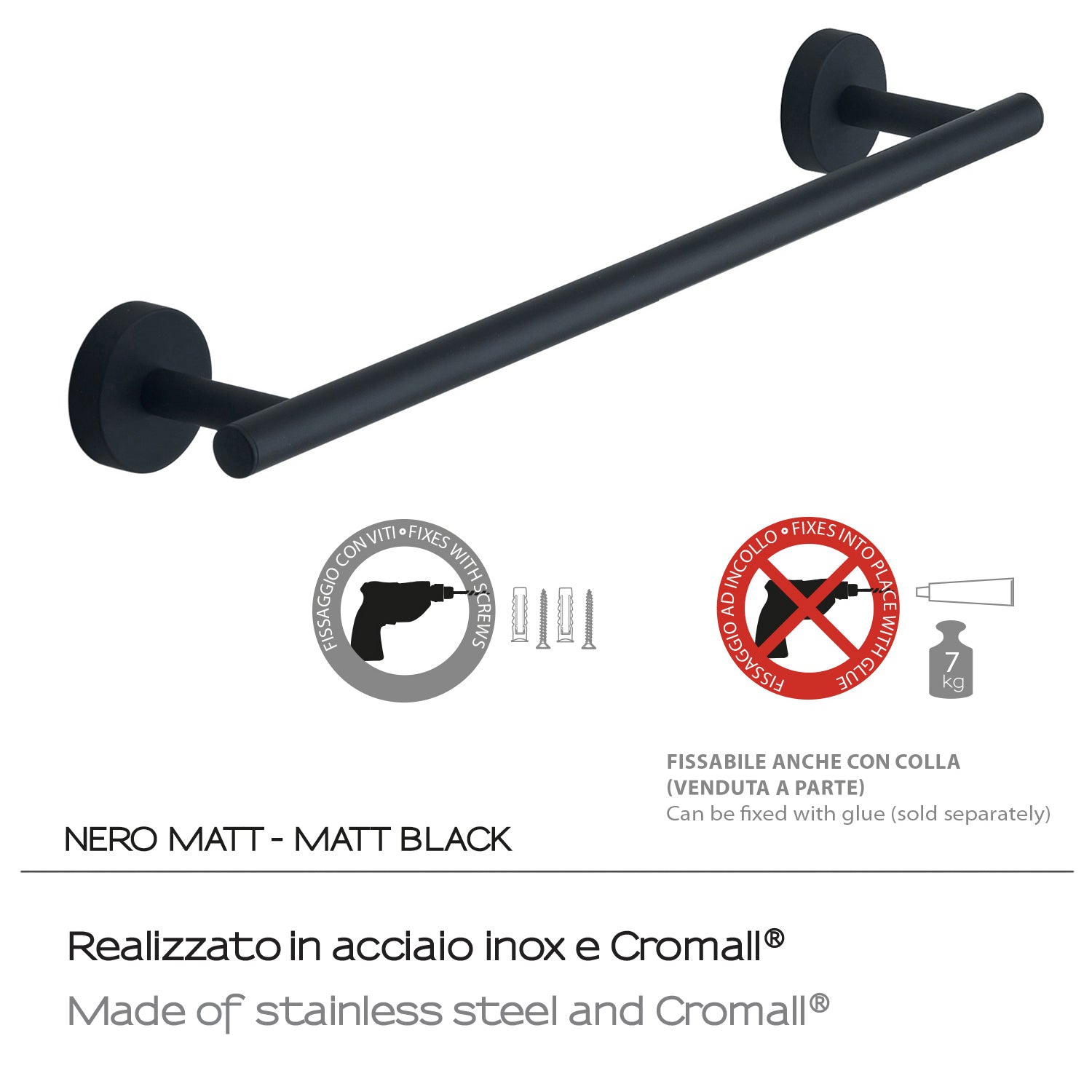 Portasalviette 35 cm a muro in Acciaio Inox Eros di Gedy - Nero Matt