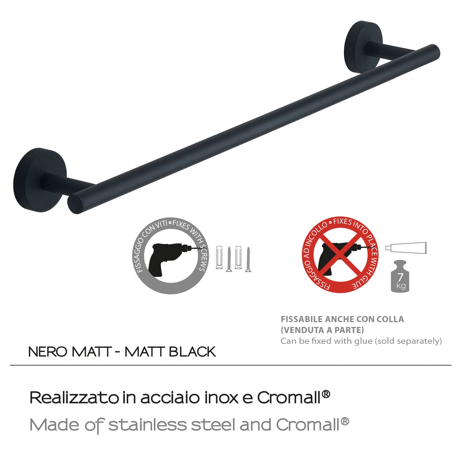 Portasalviette 45 cm a muro in Acciaio Inox Eros di Gedy - Nero Matt