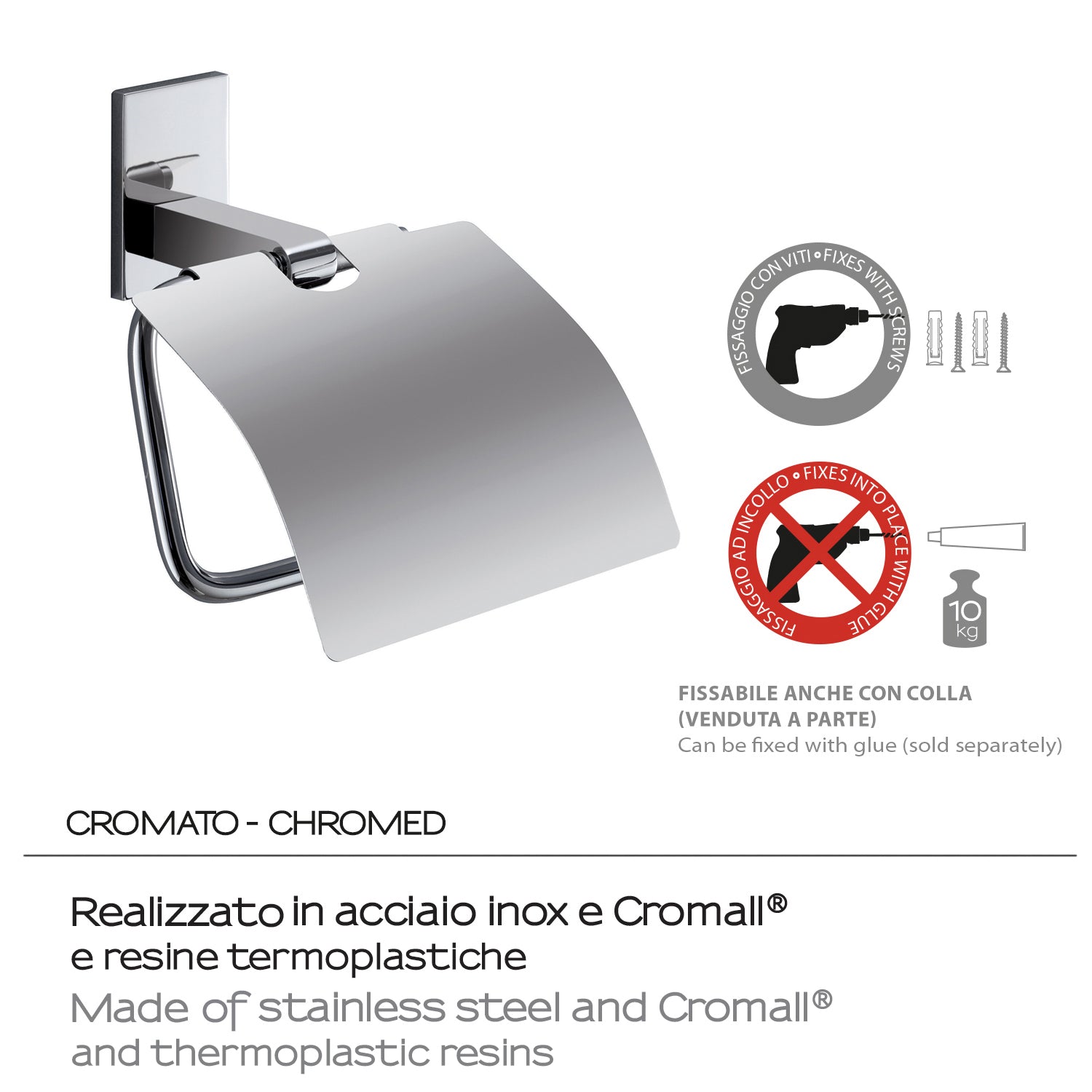 Gedy Portarotolo coperto Maine in acciaio inox e Cromall fissabile con colla