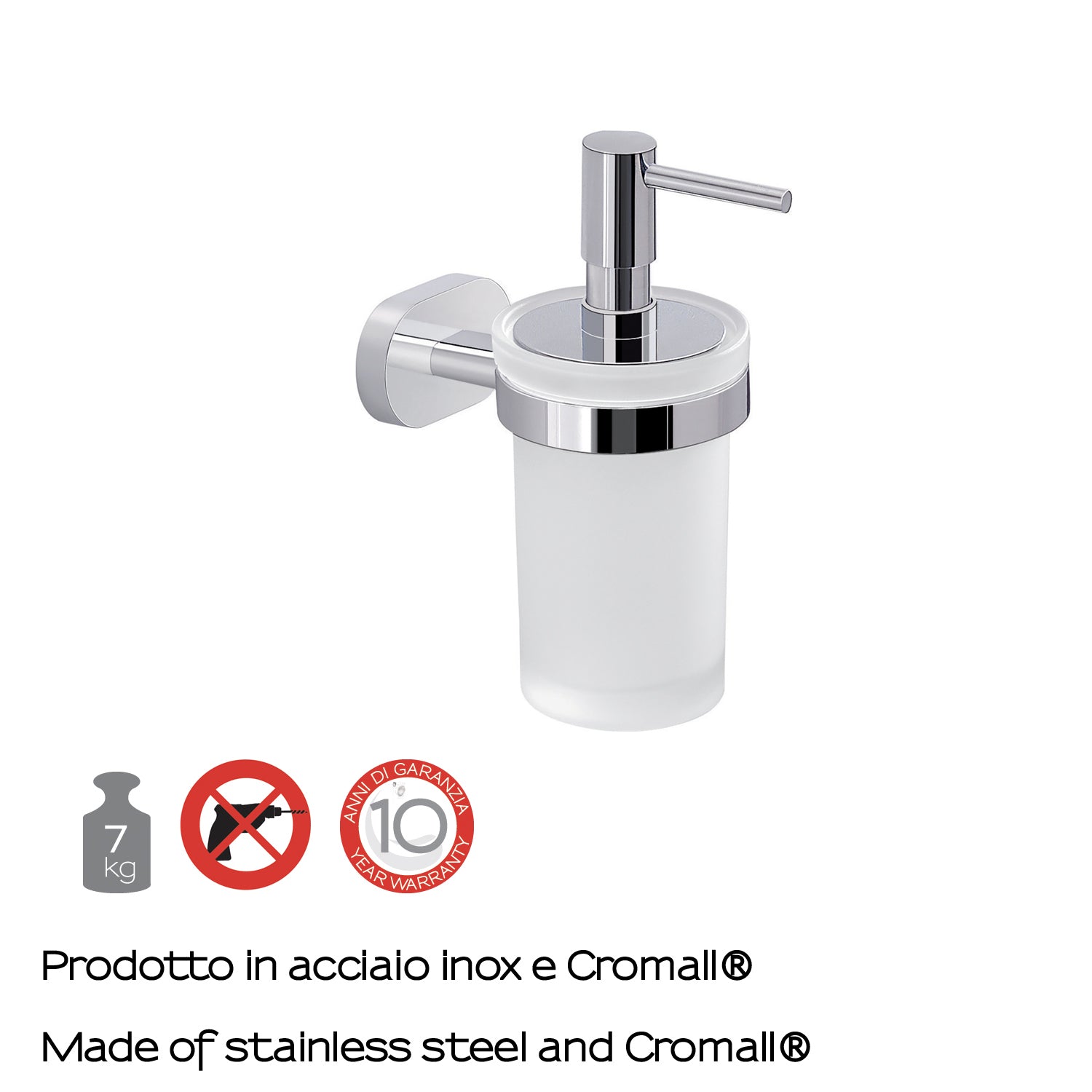 Dosasapone a parete Gedy Bernina vetro e acciaio inox. Erogatore in plastica cromata