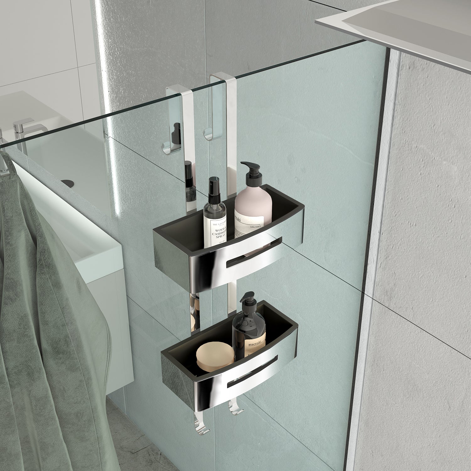 Portaoggetti doccia appendibile a 2 ripiani modello Poseidon di Gedy - Nero lucido