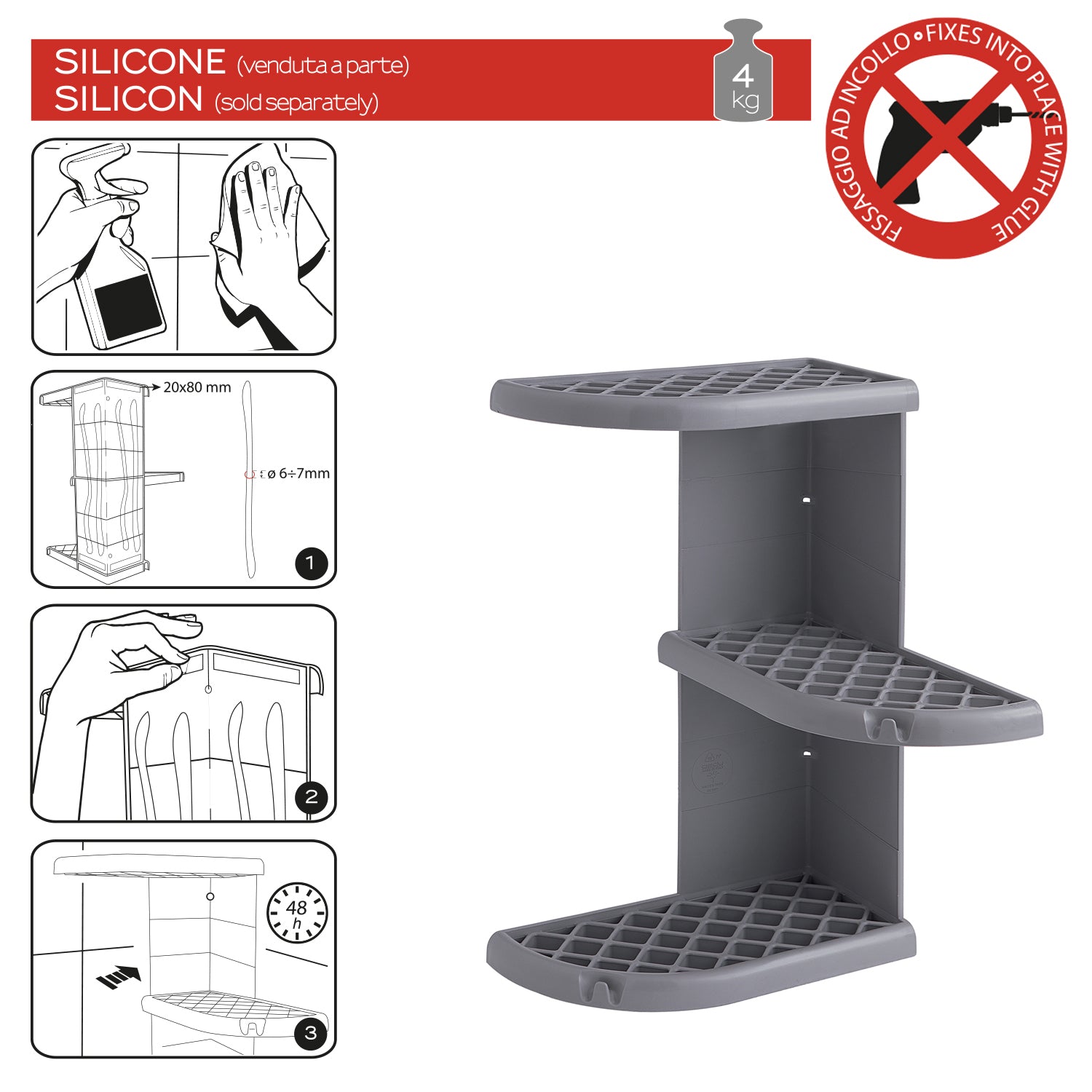 Portaoggetti doccia angolare modello Oscar di Gedy - Grigio
