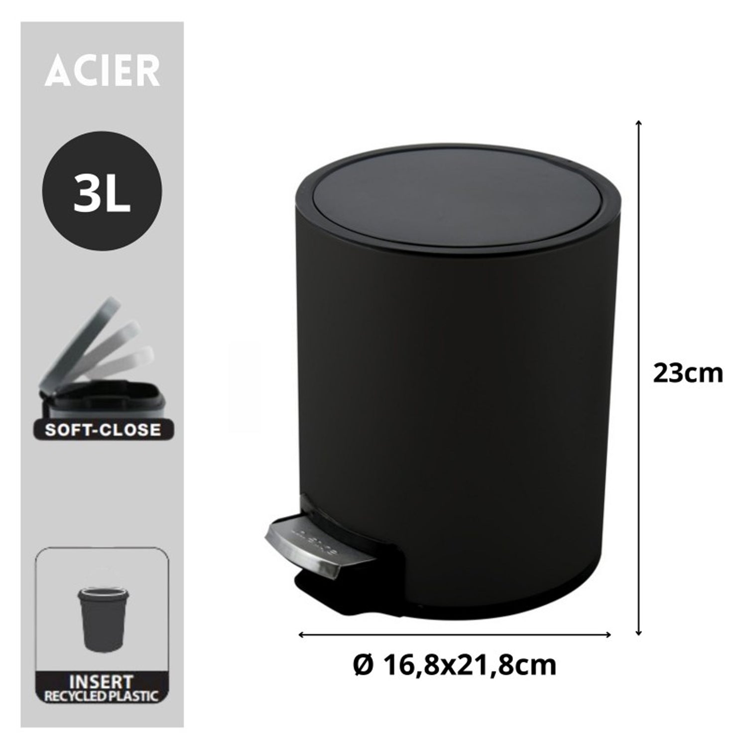 Pattumiera a pedale da 3L modello Riku in Acciaio Inox - Nero Opaco