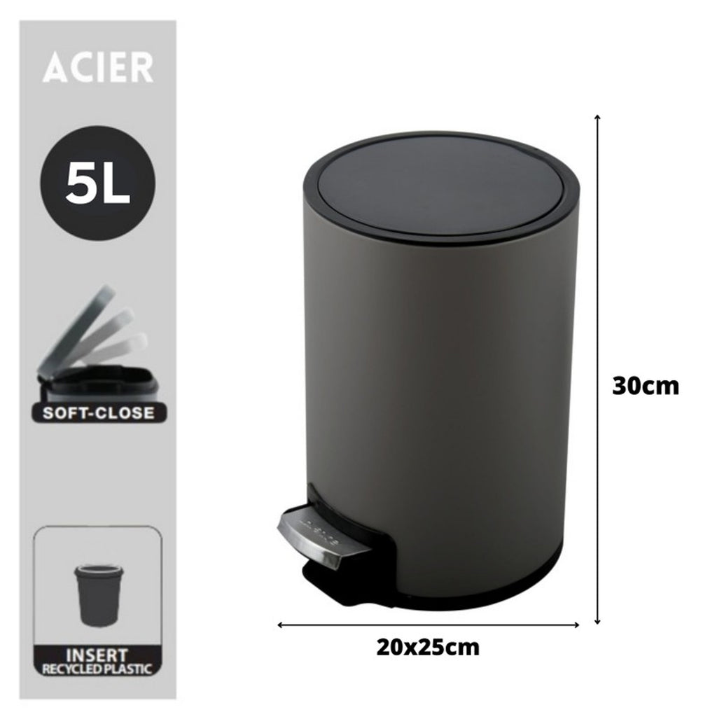 Pattumiera a pedale da 5L modello Riku in Acciaio Inox - Grigio Opaco