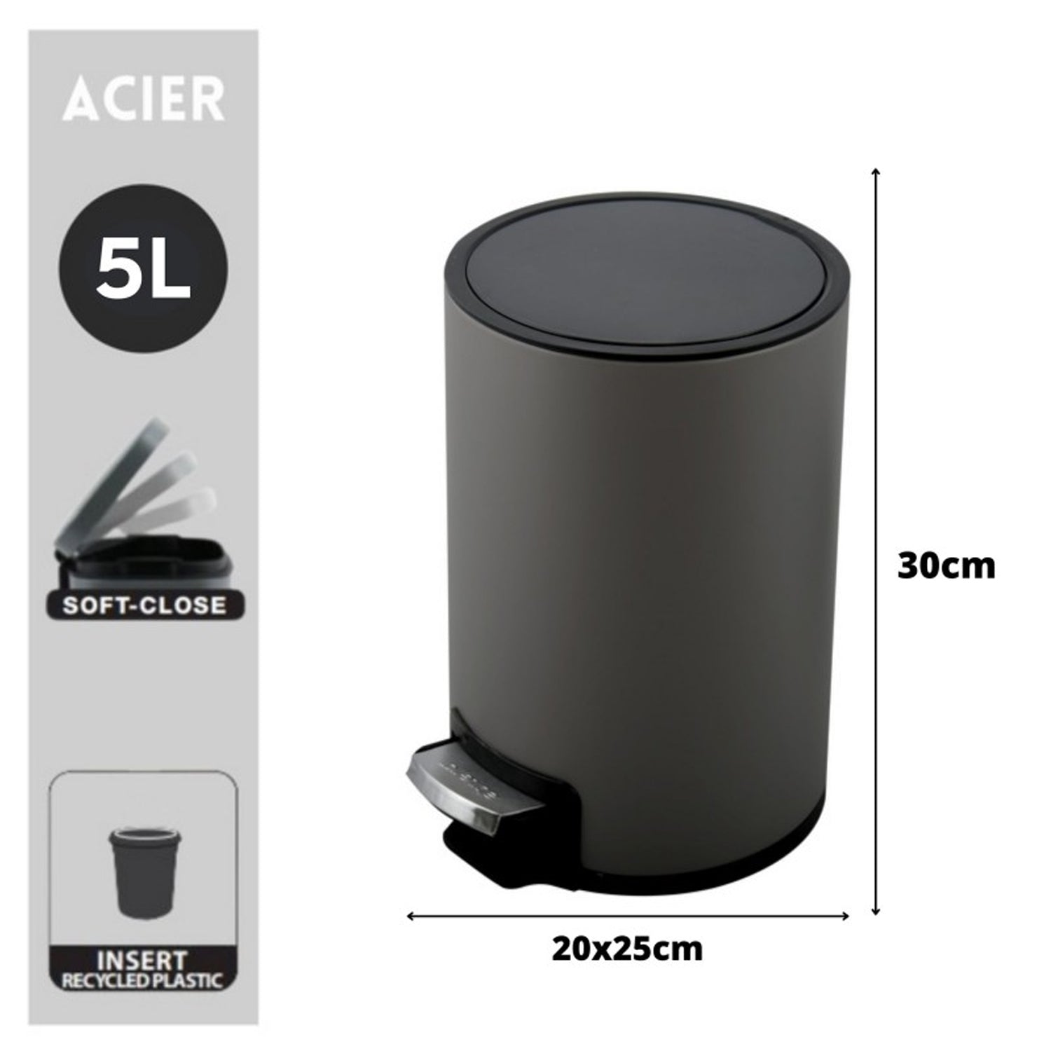 Pattumiera a pedale da 5L modello Riku in Acciaio Inox - Grigio Opaco