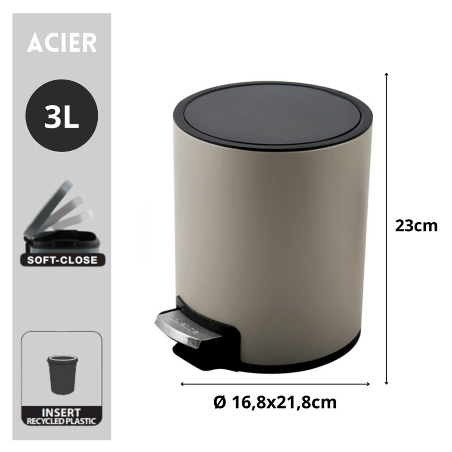 Pattumiera a pedale da 3L modello Riku in Acciaio Inox - Tortora Opaco