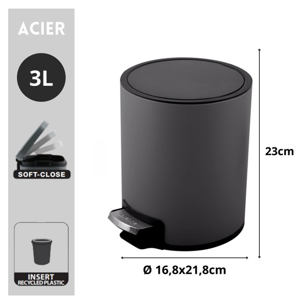 Pattumiera a pedale da 3L modello Riku in Acciaio Inox - Grigio Opaco