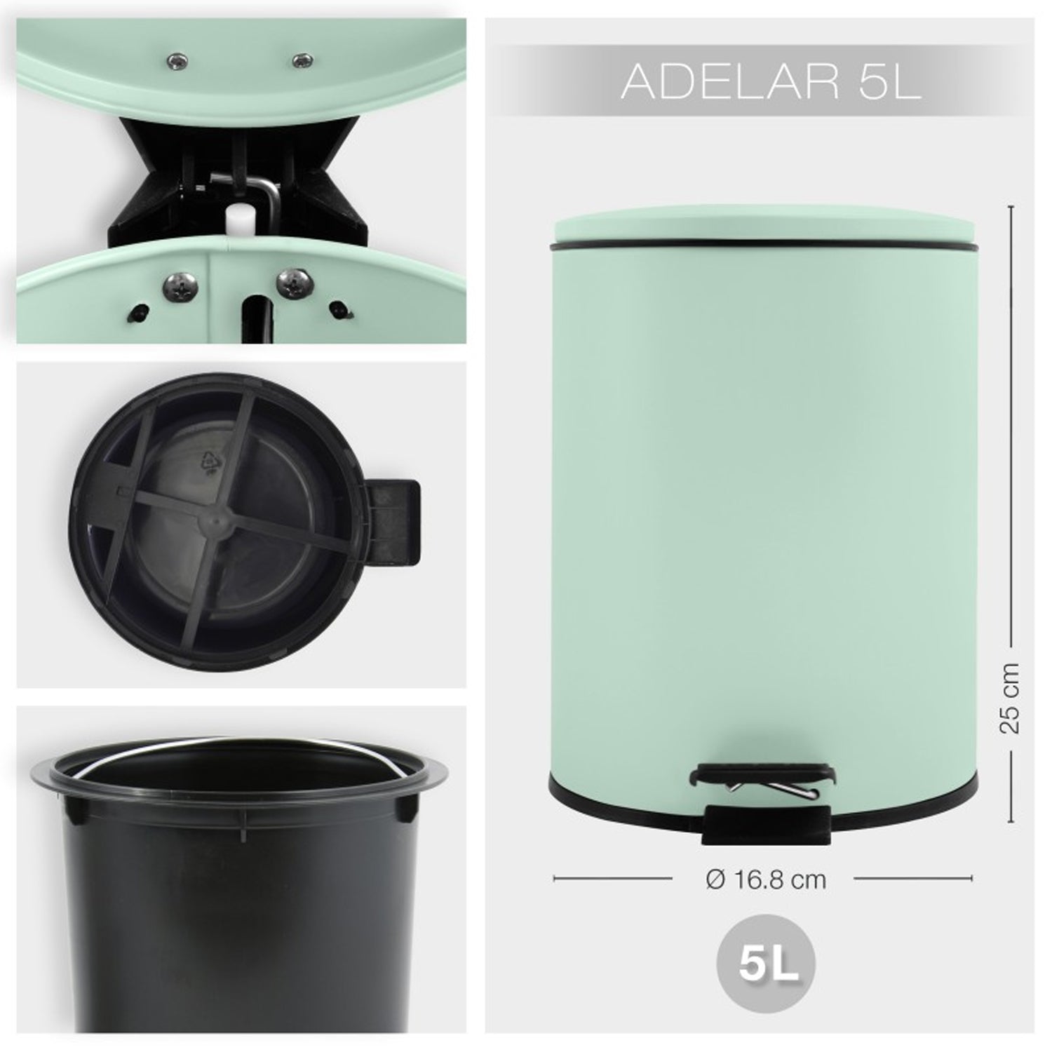 Pattumiera a pedale 5L in Acciaio modello Adelar - Verde Ghiaccio Opaco