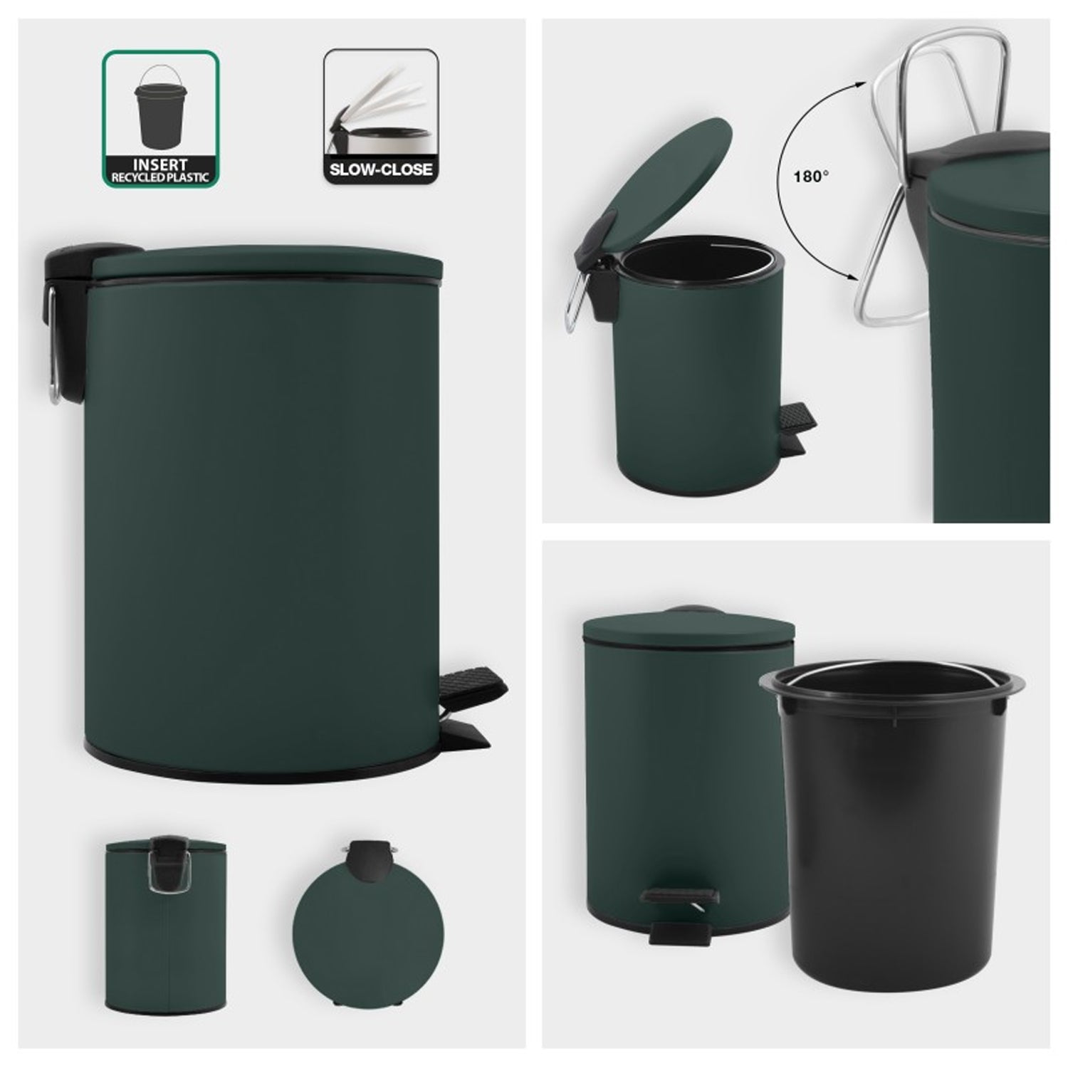 Pattumiera a pedale 5L in Acciaio modello Adelar - Verde Scuro Opaco