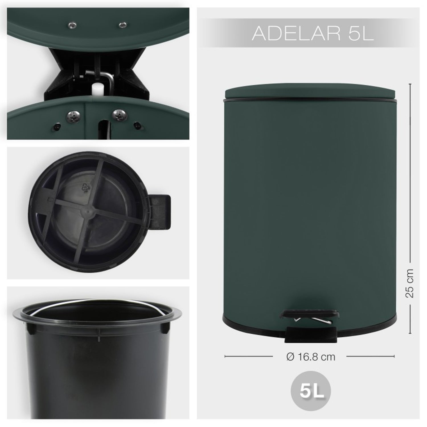 Pattumiera a pedale 5L in Acciaio modello Adelar - Verde Scuro Opaco