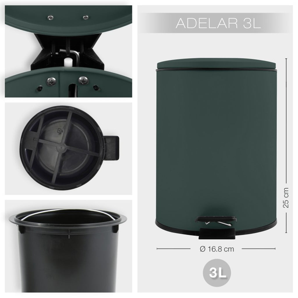 Pattumiera a pedale 3L in Acciaio modello Adelar - Verde Scuro Opaco