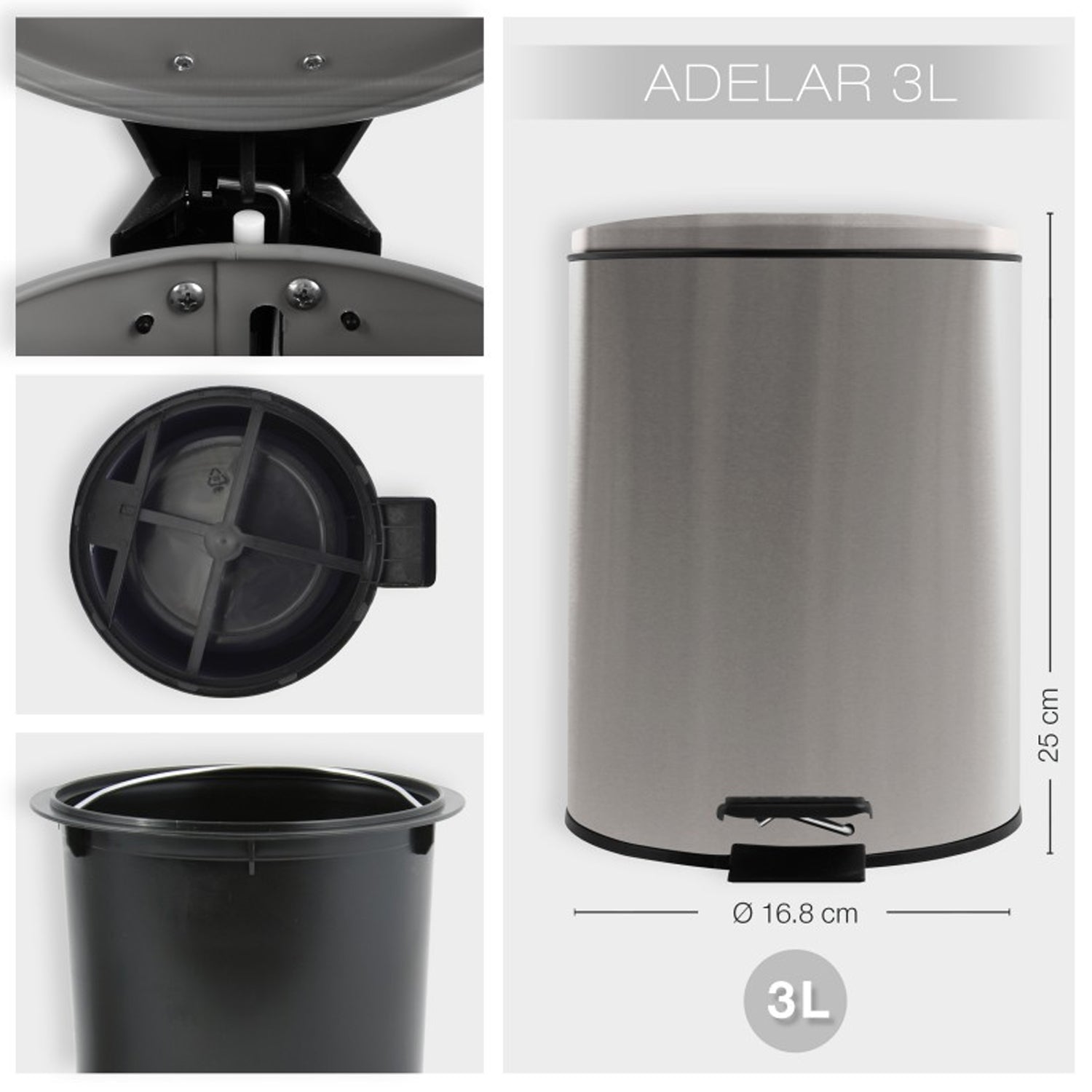 Pattumiera a pedale 3L in Acciaio Inox modello Adelar - Spazzolato