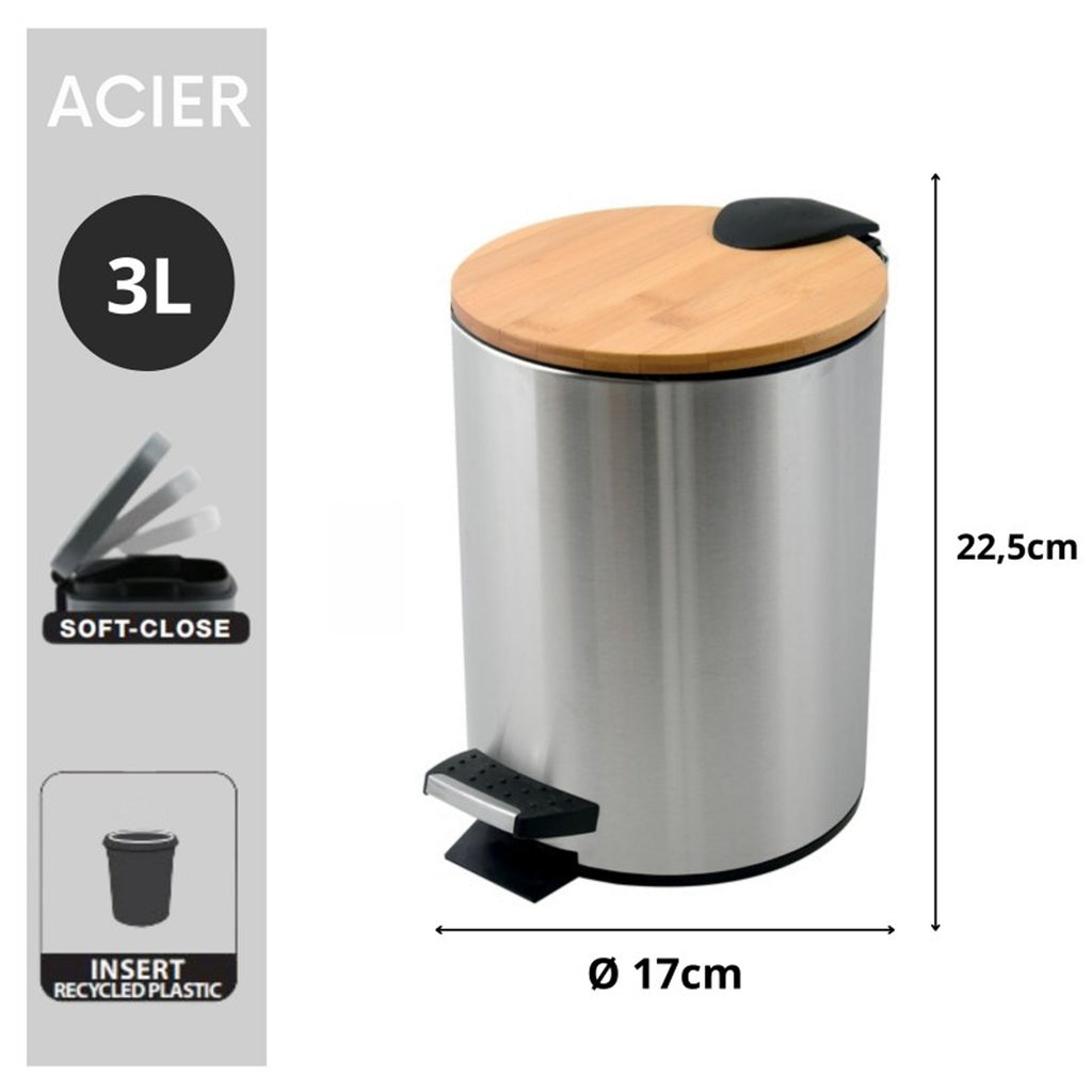 Pattumiera a pedale 3L in Acciaio e BambÃ¹ modello Adonis - Spazzolato