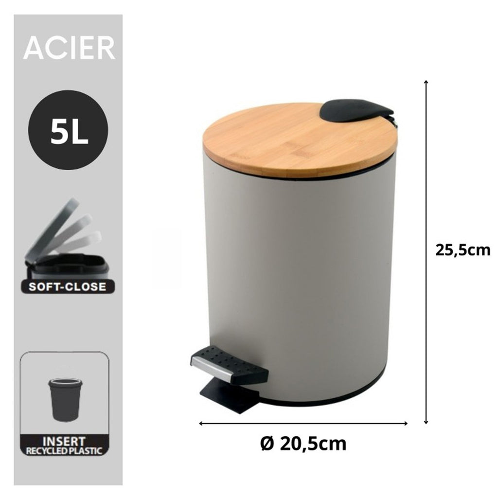 Pattumiera a pedale 5L in Acciaio e BambÃ¹ modello Adonis - Tortora Opaco