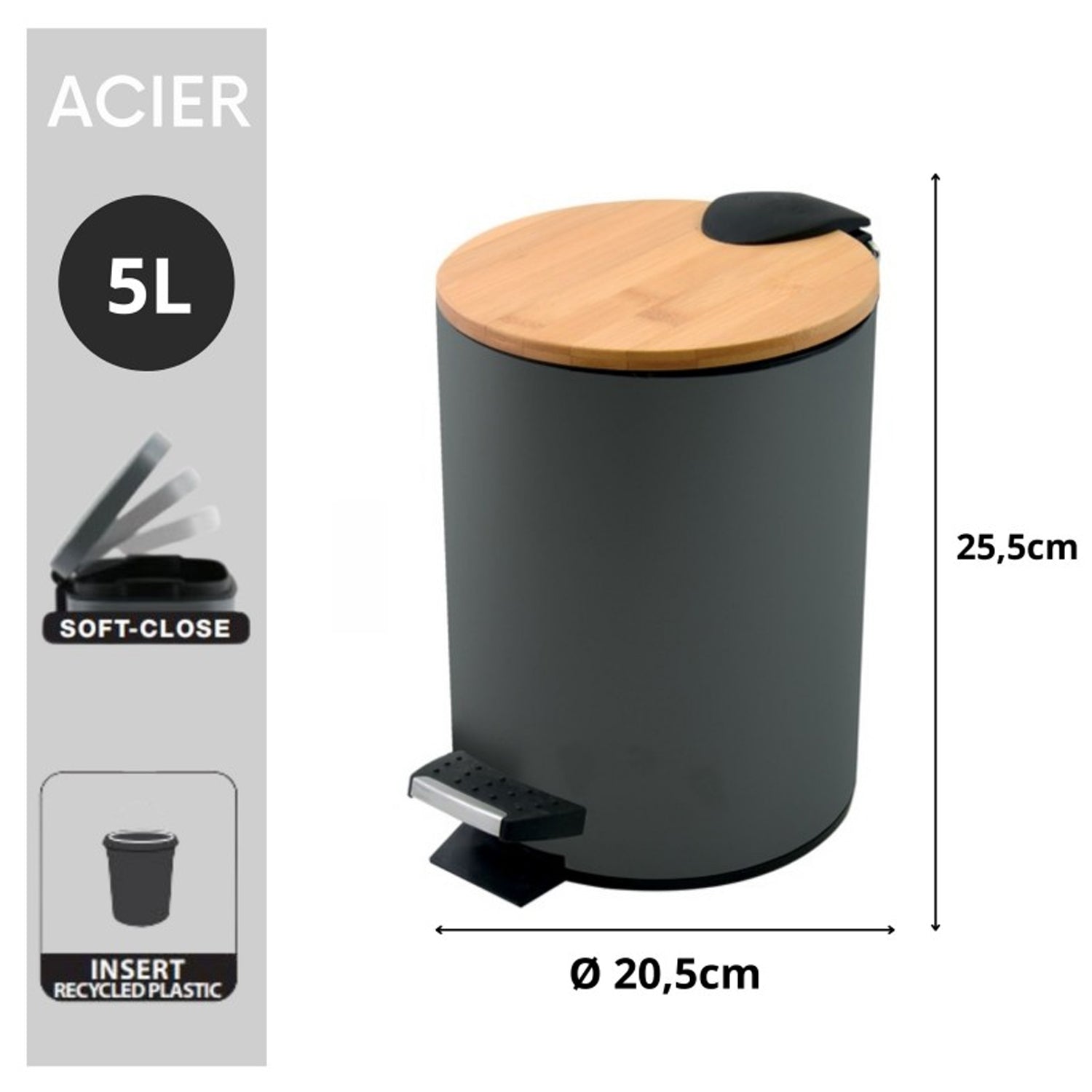 Pattumiera a pedale 5L in Acciaio e BambÃ¹ modello Adonis - Grigio Antracite Opaco