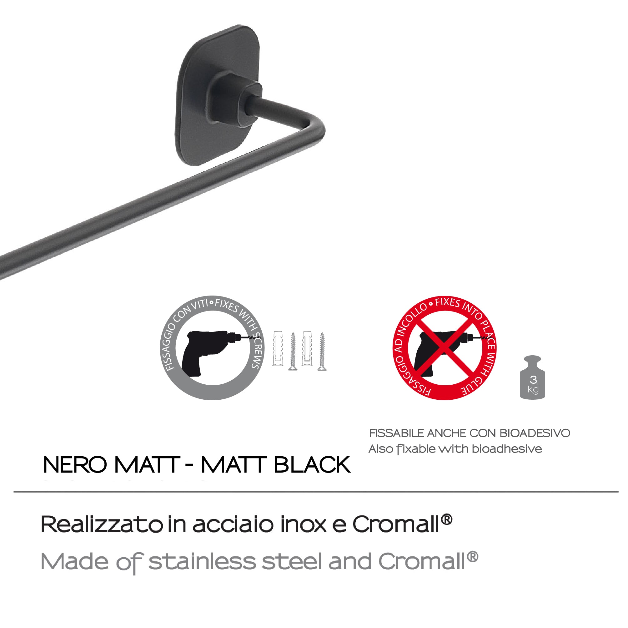 Porta asciugamani 45 cm in acciaio inox e cromall Teide di Gedy - Nero Matt