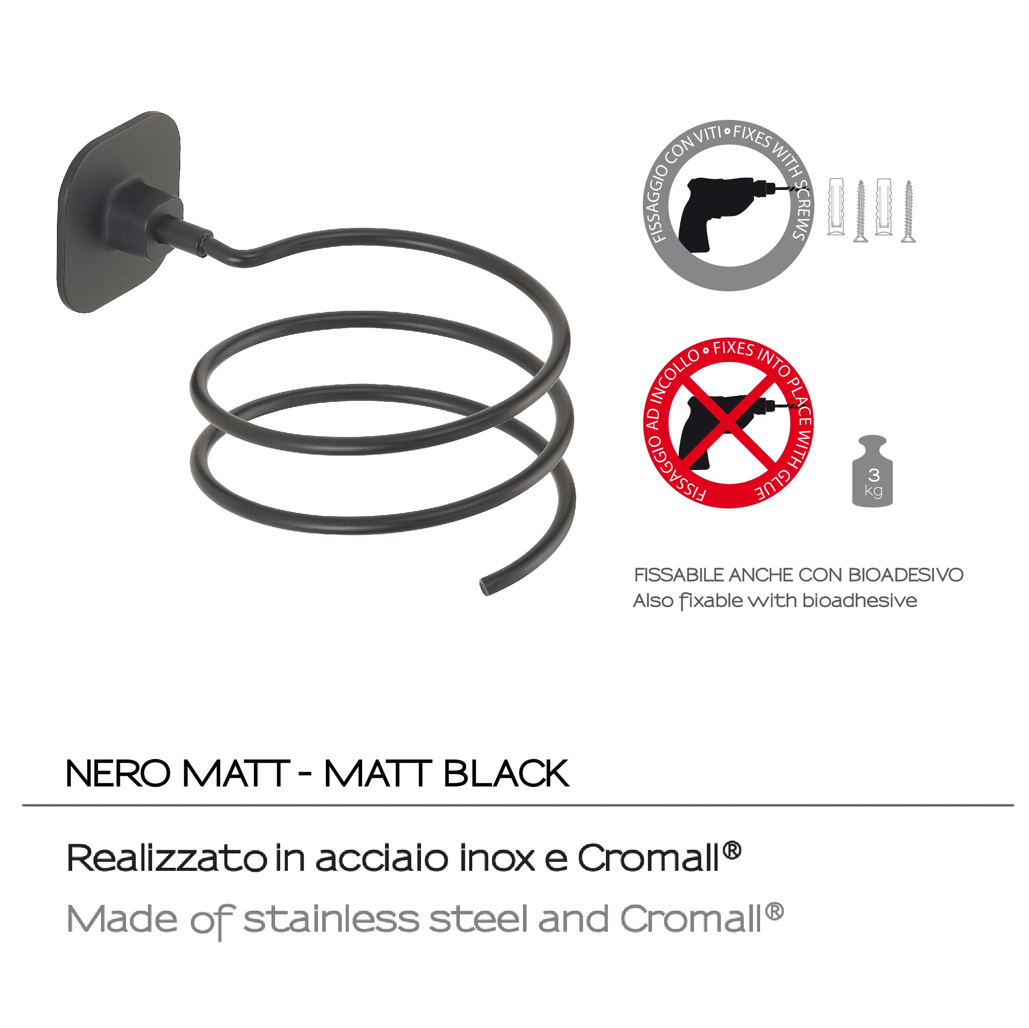 Porta phon in acciaio inox e cromall Teide di Gedy - Nero Matt