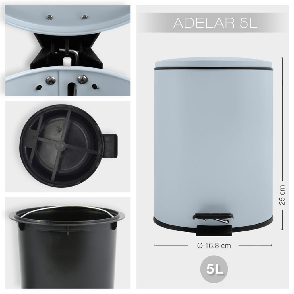Pattumiera a pedale 5L in Acciaio modello Adelar - Blu Ghiaccio Opaco
