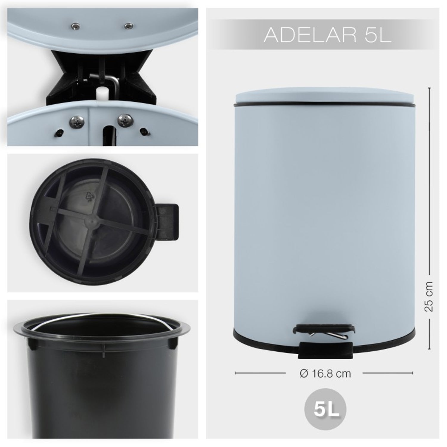 Pattumiera a pedale 5L in Acciaio modello Adelar - Blu Ghiaccio Opaco