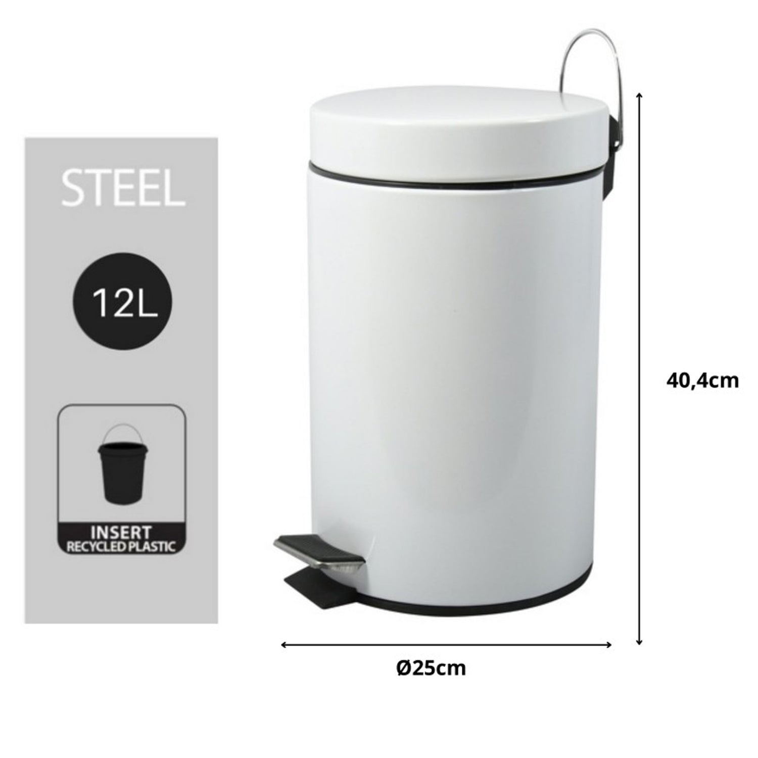 Pattumiera a pedale da 12L in Acciaio Inox modello Unis - Bianco