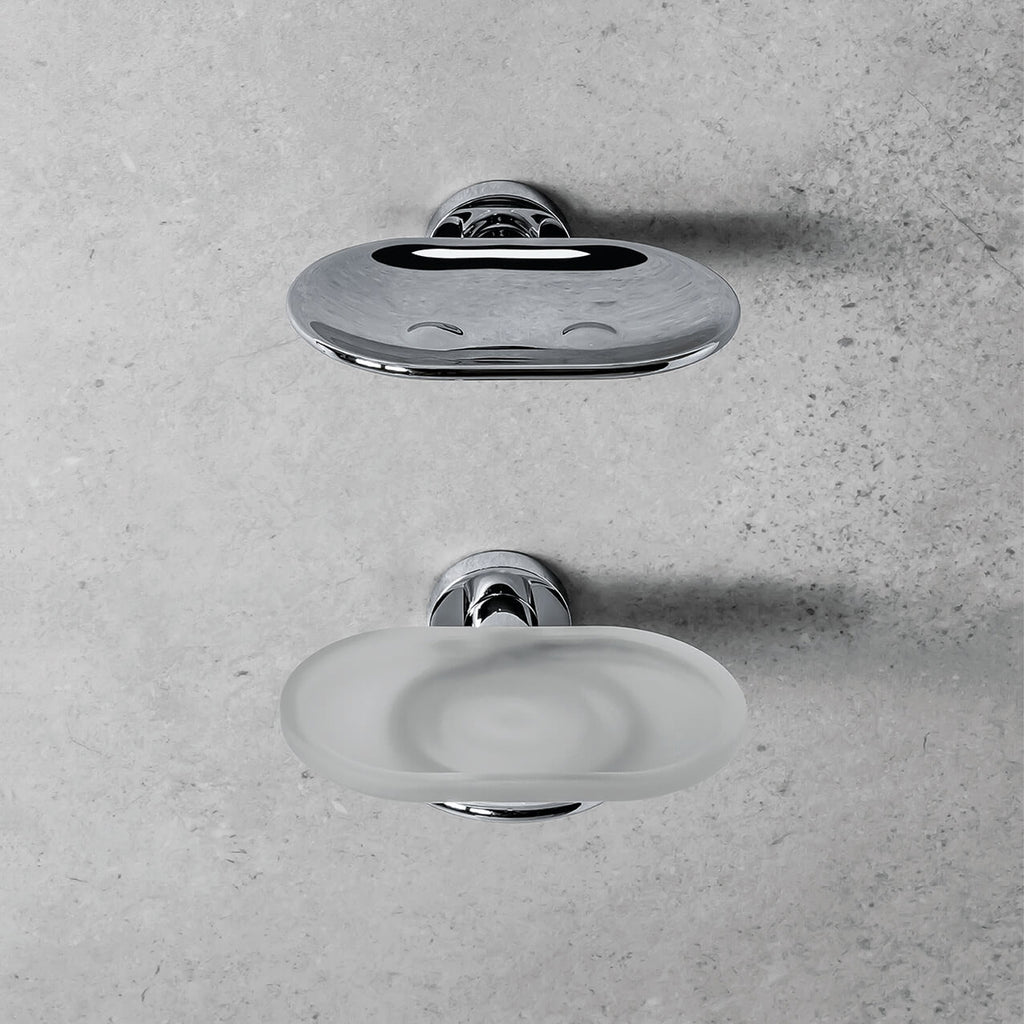 Porta sapone in ottone cromato con piattino in vetro satinato Colombo Design collezione Basic Con fissaggio a tassello