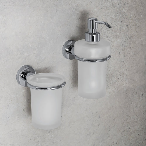 Dispenser Sapone in ottone cromato con Contenitore in vetro satinato Colombo Design collezione Basic Con fissaggio a tassello