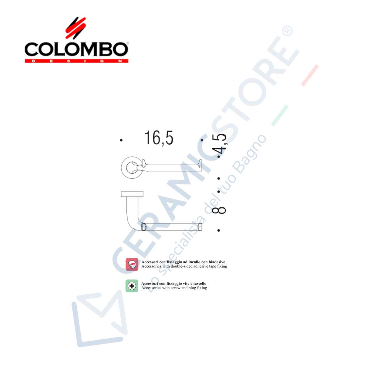 Portarotolo in ottone cromato Colombo Design collezione Basic Con fissaggio a tassello e ad incollo con kit opzionale