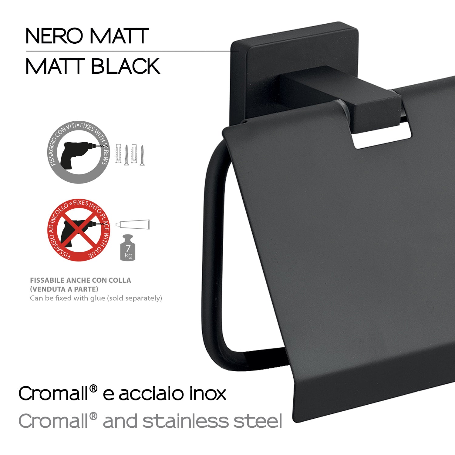 Portarotolo coperto a parete in Acciaio Inox Gedy modello Atena - Nero Matt