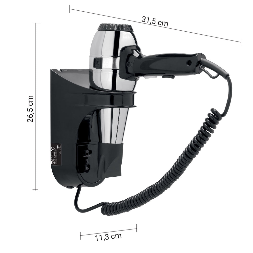 Asciugacapelli 1300 W Gedy modello Grecale con supporto a parete e presa rasoio - Nero/Cromato