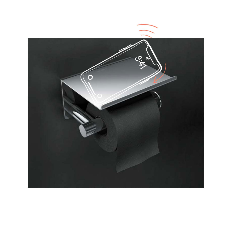 Porta rotolo sospeso con supporto per cellulare in ottone cromato della collezione 'Architect s+' by Cosmic