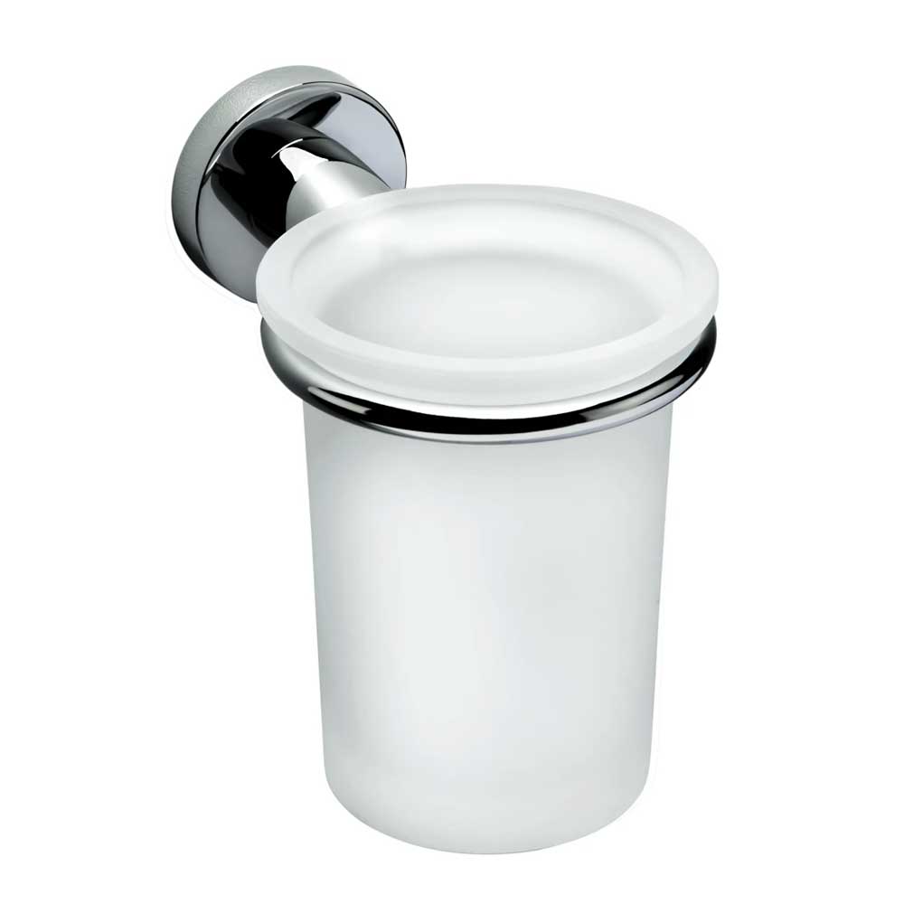 Porta spazzolini in ottone cromato con contenitore in vetro satinato Colombo Design collezione Basic Con fissaggio a tassello