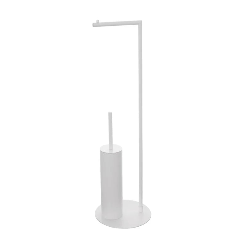 Piantana porta rotolo e porta scopino Stile in acciaio con base circolare - Bianco