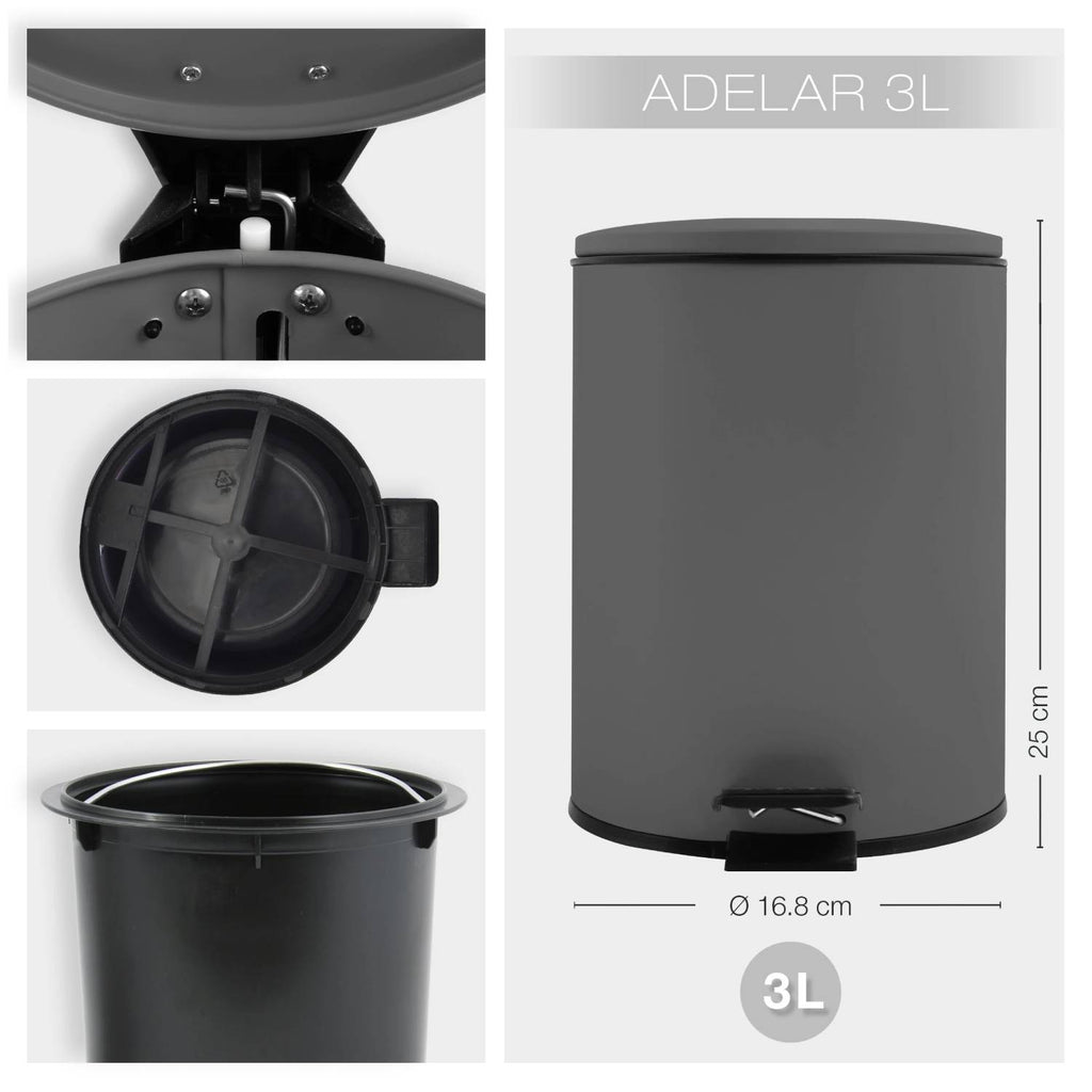 Pattumiera a pedale modello Adelar capienza 3 Litri colore grigio opaco