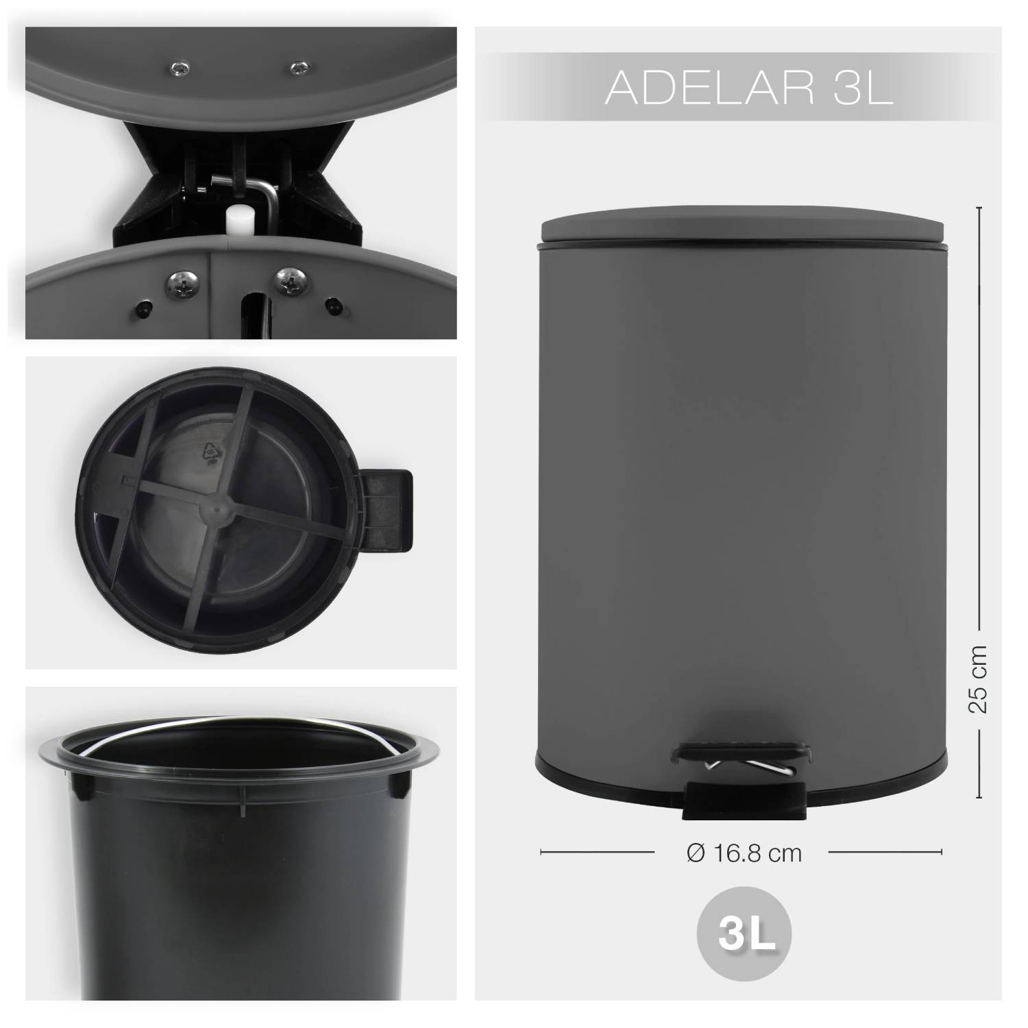 Pattumiera a pedale modello Adelar capienza 3 Litri colore grigio opaco