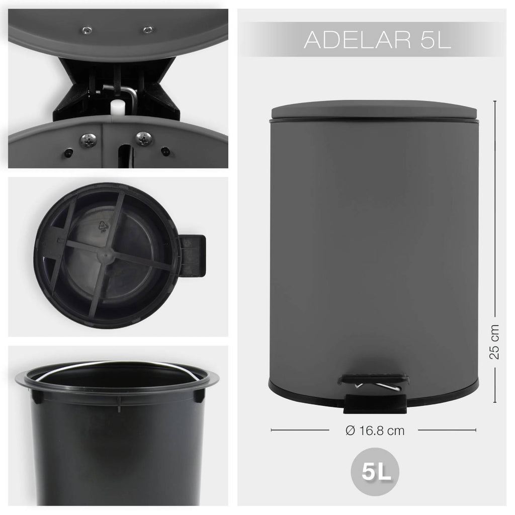 Pattumiera a pedale modello Adelar capienza 5 litri colore grigio opaco