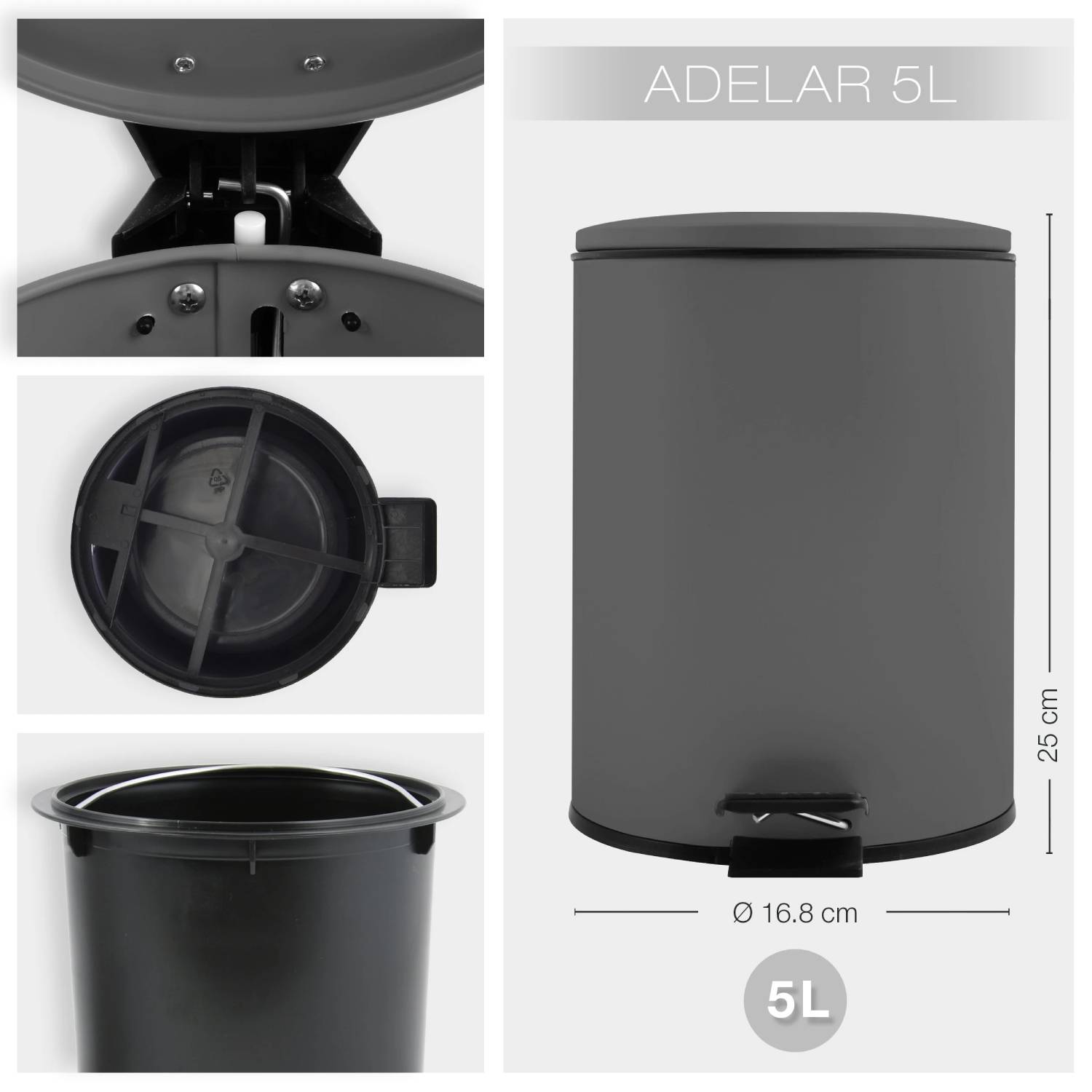 Pattumiera a pedale modello Adelar capienza 5 litri colore grigio opaco