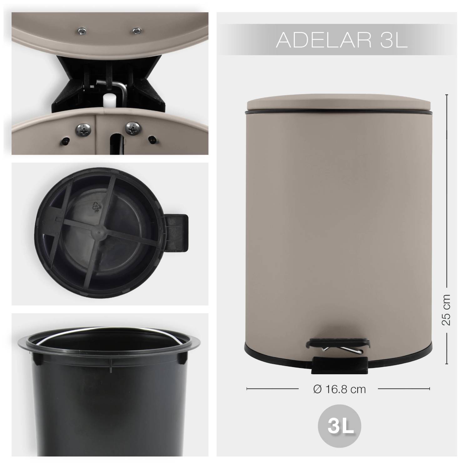 Pattumiera a pedale modello Adelar capienza 3 Litri colore tortora opaco