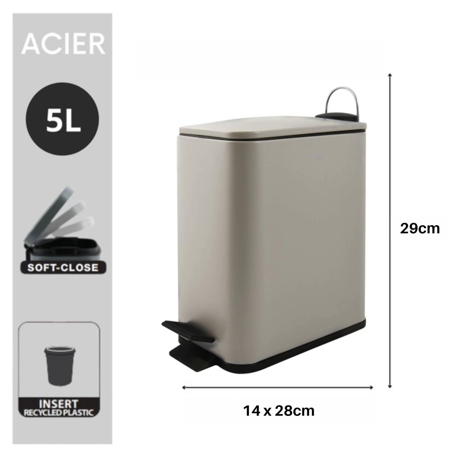 Pattumiera a pedale modello Erik in acciaio capienza 5 litri colore tortora opaco