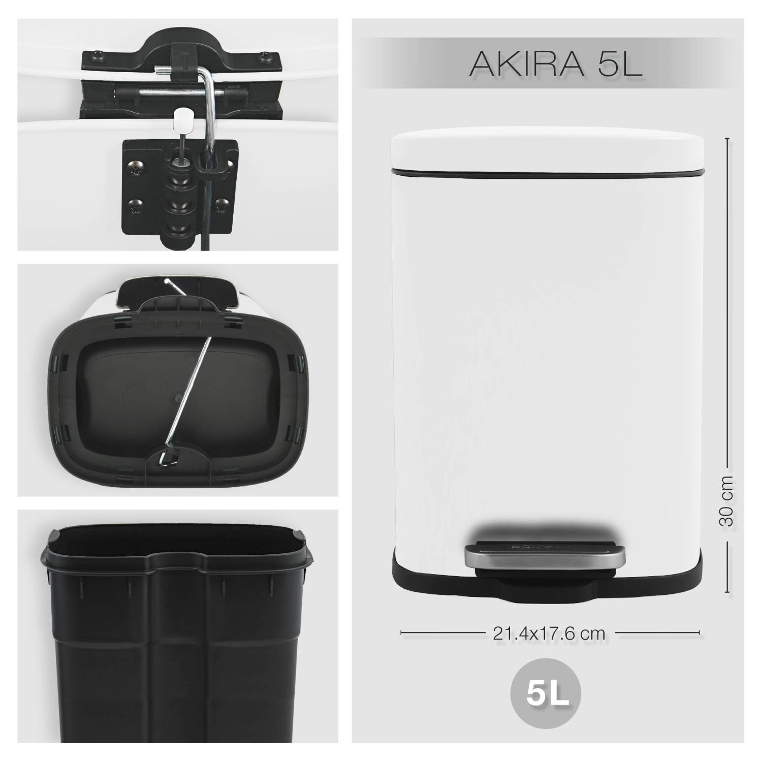 Pattumiera a pedale modello Akira in acciaio capienza 5 litri colore bianco opaco