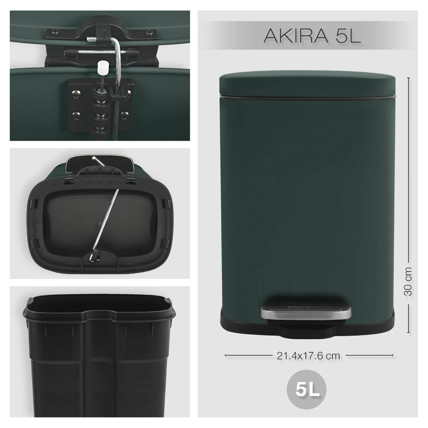 Pattumiera a pedale modello Akira in acciaio capienza 5 litri colore verde scuro opaco
